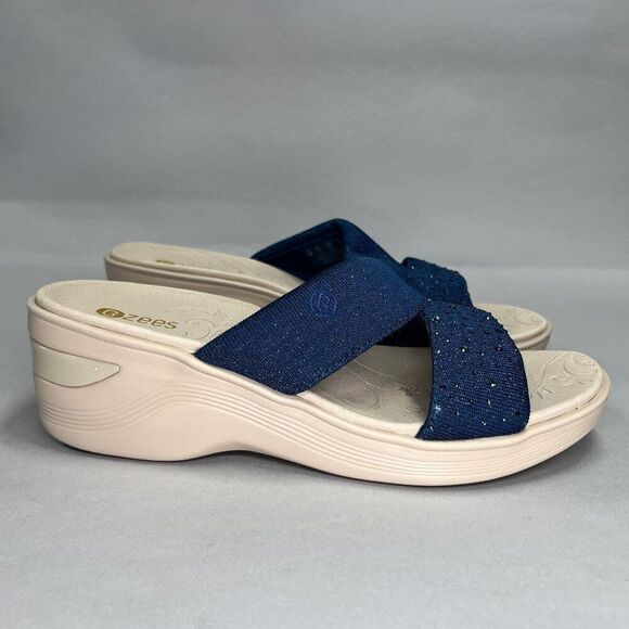 Bzees Dynasty Sandals Women's Size 8 Blue Bright Wedge Beach Slide‎ Flip Flops - Picture 1 of 11